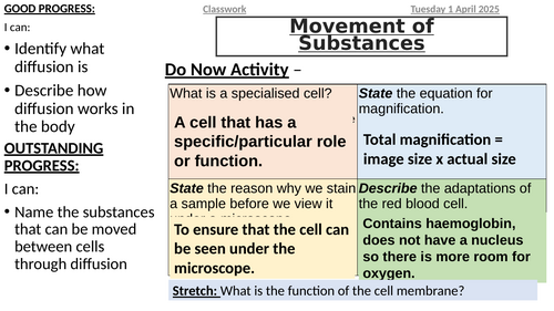 AQA Biology - B1.1 Cells and Transport | Teaching Resources