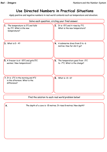 Directed Numbers in Real-Life Contexts (Differentiated Practice) GCSE ...