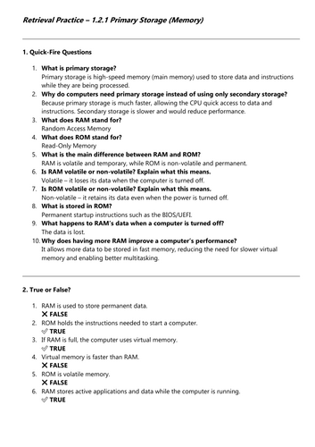 J277 OCR GCSE Computer Science Memory and Storage Workbook