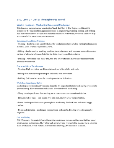 BTEC Level 2- Unit 1- The Engineered World W4 Handout