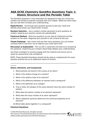 AQA GCSE Chemistry Quickfire Questions Topic 1: Atomic Structure and the Periodic Table