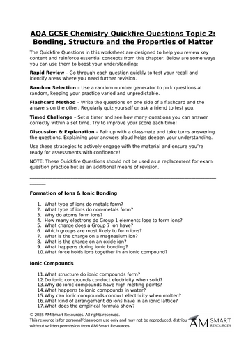 AQA GCSE Chemistry Quickfire Questions Topic 2: Bonding, Structure and the Properties of Matter