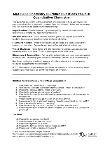 AQA GCSE Chemistry Quickfire Questions Topic 3: Quantitative Chemistry