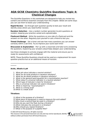 AQA GCSE Chemistry Quickfire Questions Topic 4: Chemical Changes