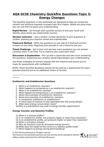 AQA GCSE Chemistry Quickfire Questions Topic 5: Energy Changes