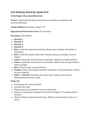 Anti-Bullying: Stand Up, Speak Out - Key Stage 2 Class Assembly Script ...