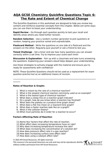 AQA GCSE Chemistry Quickfire Questions Topic 6: The Rate and Extent of Chemical Change