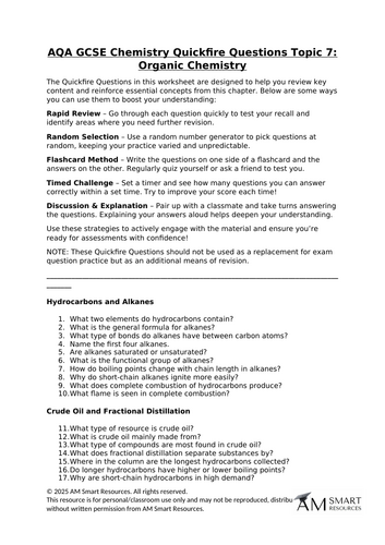 AQA GCSE Chemistry Quickfire Questions Topic 7: Organic Chemistry