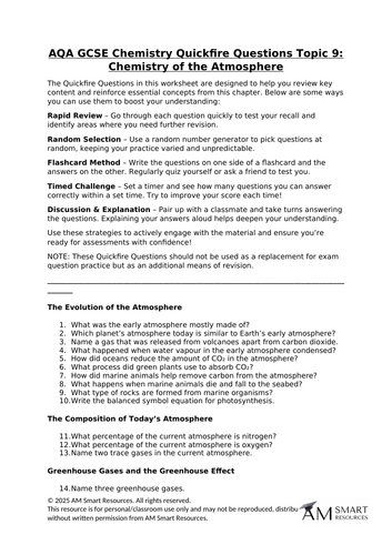 AQA GCSE Chemistry Quickfire Questions Topic 9: Chemistry of the Atmosphere