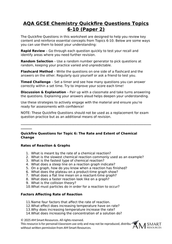 AQA GCSE Chemistry Quickfire Questions Topics 6-10 (Paper 2)