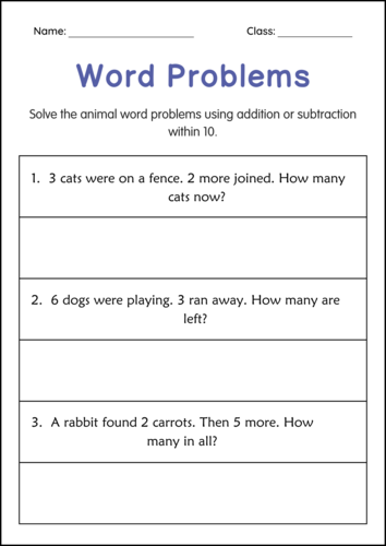 Addition and Subtraction Word Problems Within 10 Worksheets for Grade 1, 2, 3