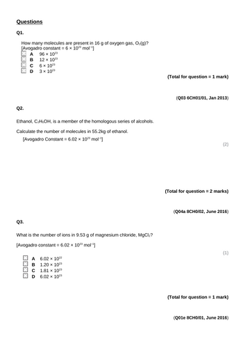 Mole Calculations Lesson with questions and answers (click for video ...