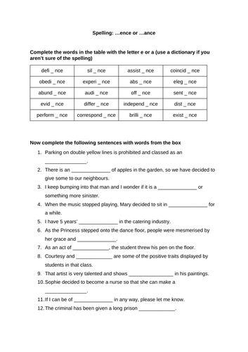 KS3 English Spelling: ence or ance