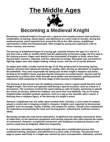 Becoming a Medieval Knight “Article & Questions” Assignment (The Middle ...
