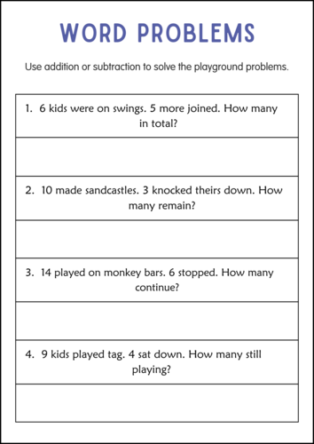 Addition and Subtraction Word Problems Within 20 Worksheets for Grade 1, 2, 3