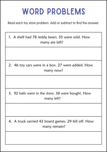 Addition and Subtraction Word Problems Within 100 Worksheets for Grade 1, 2, 3