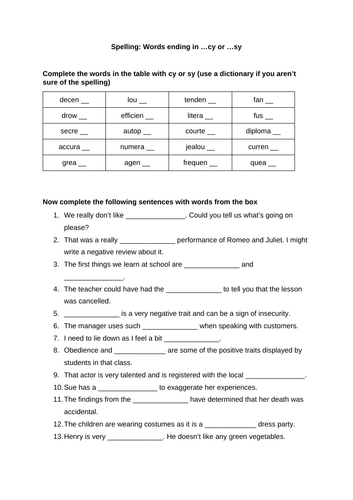 KS3 English spelling: cy or sy endings
