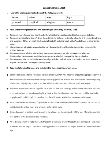 Macbeth Character sheets - with exam question and extract