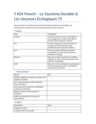 KS4 French Sustainable Tourism Worksheet: Reading & Writing AQA GCSE French Revision