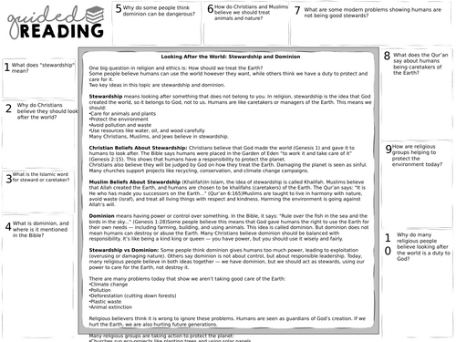 Looking after the world - stewardship and dominion guided reading