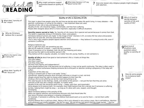 Quality Vs Sanctity of Life Guided Reading