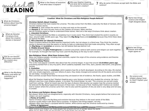 Religious and non-religious views on creation guided reading