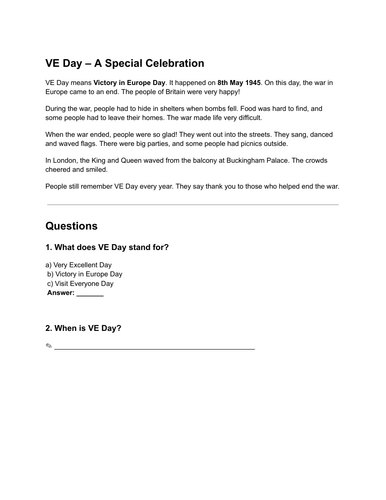 VE Day Reading Comprehension | KS1 Year 1 & 2 | WW2 Text with Questions & Mark Scheme