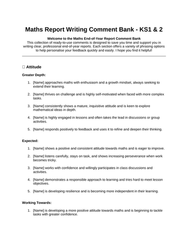 Maths Report Comments | Greater Depth, Expected & Working Towards | 55 ...