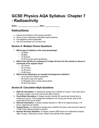 Radioactivity Worksheet