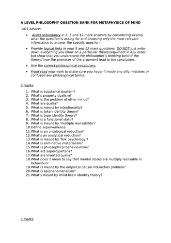 A Level Philosophy Metaphysics of Mind Question Bank | Teaching Resources