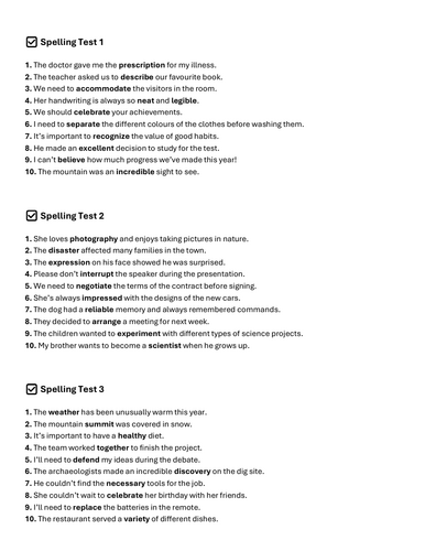 10 sets of Year 6 Spelling Tests for SATSs