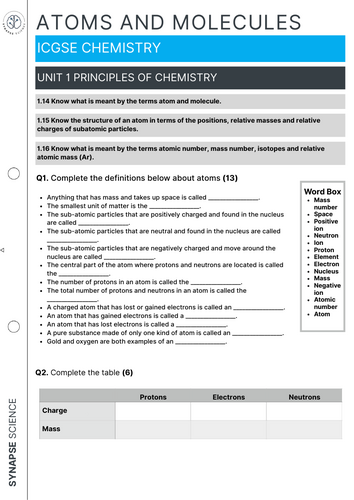 Atoms and Molecules - Lesson and Worksheet - Unit 1 - Edexcel IGCSE ...