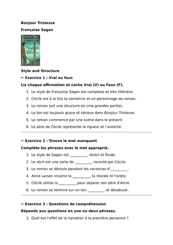 Bonjour Tristesse - Françoise Sagan - Style and Structure | Teaching ...