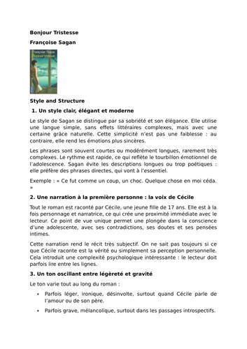 Bonjour Tristesse - Françoise Sagan - Style and Structure | Teaching ...