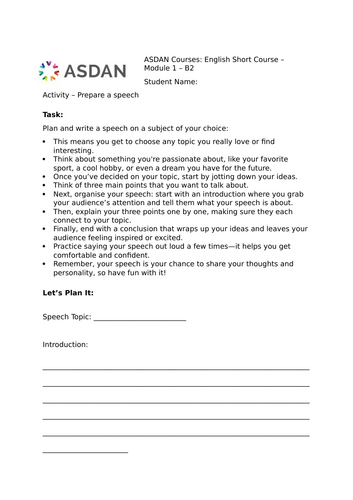 ASDAN English Short Course - Plan a Speech