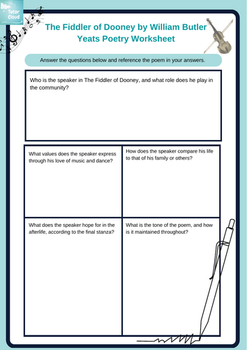 The Fiddler of Dooney by William Butler Yeats Poetry Worksheet