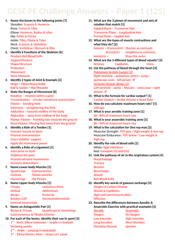 AQA GCSE PE Challenge Revision Sheets Paper 1