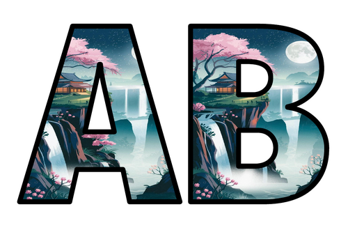 Asian Village Mountain Scene Japan Lettering Set Display Title Letters ...