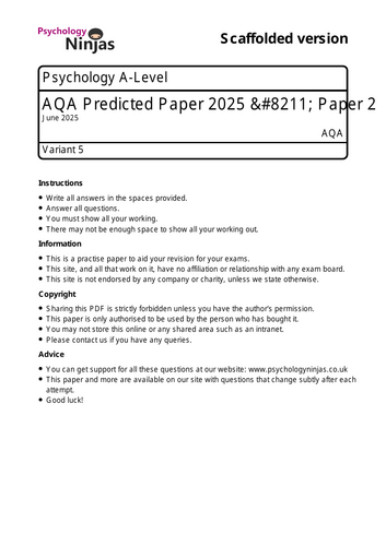 Summer 2025 Psychology A-Level AQA Predicted Paper 2 | Teaching Resources