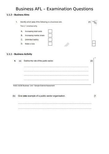 New Business WJEC GCSE Unit 1.1 Business Fundamentals | Teaching Resources