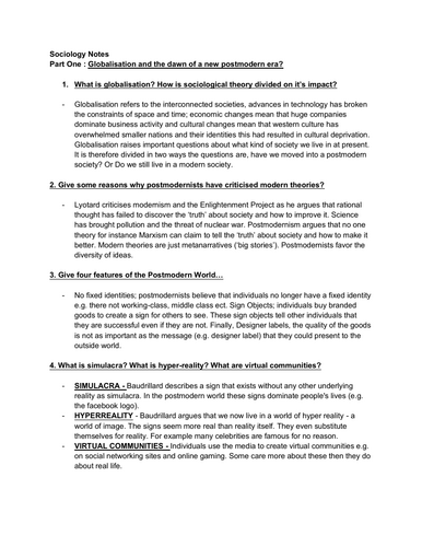 Sociology Notes - Globalisation and the dawn of a new postmodern era?