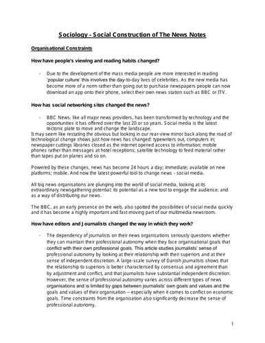 Sociology - Social Construction of The News Notes