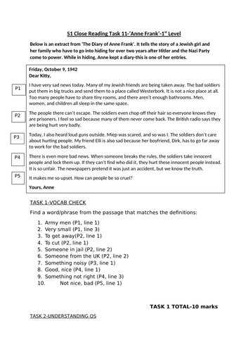 English Reading Task BGE Level 3 KS 2/3-Anne Frank | Teaching Resources