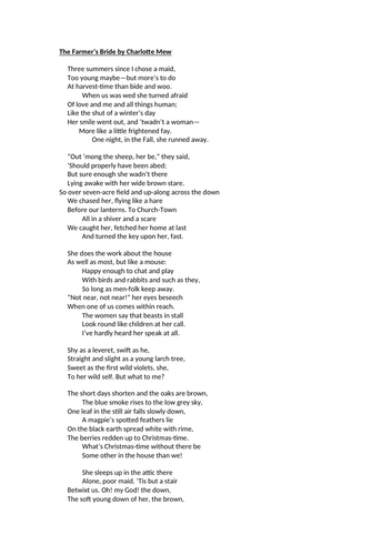 AQA Love & Relationships - Comparison of Porphyria's Lover and Farmer's Bride