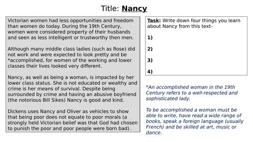 KS3 Oliver Twist: Analysing Nancy (Charles Dickens) | Teaching Resources