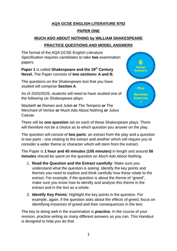 AQA GCSE English Literature - Much Ado About Nothing - 6 Practice Q & A ...