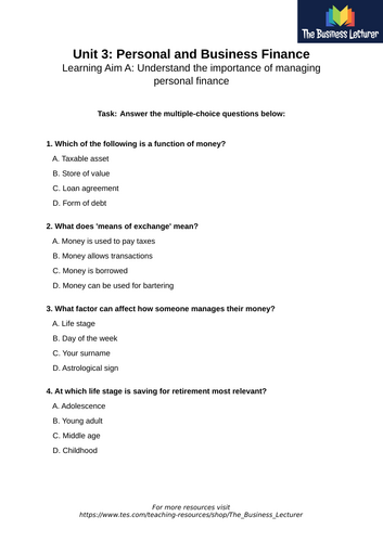 Unit 3: Personal & Business Finance – Multiple Choice Revision Quizzes ...