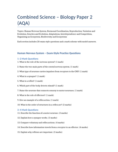 GCSE Biology Paper 2 – Exam Questions with Mark Schemes | Teaching ...
