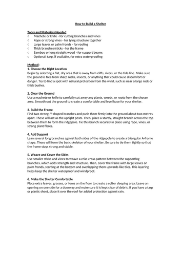 Non Fiction - Survival - Building a Shelter