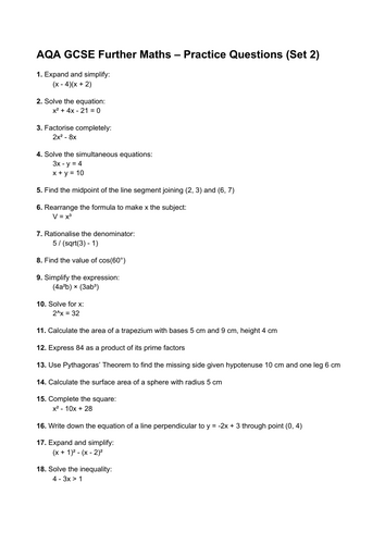 AQA Further Maths GCSE 25 Questions